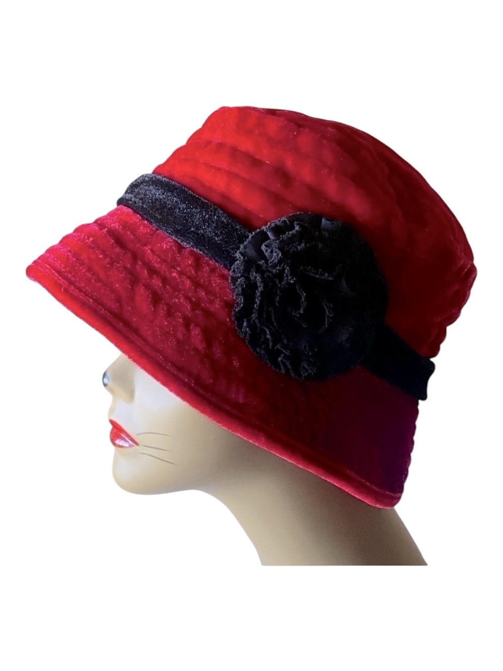 Red Velvet Bucket Hat with Black Sash Black Fabric Lining 100% Polyester…